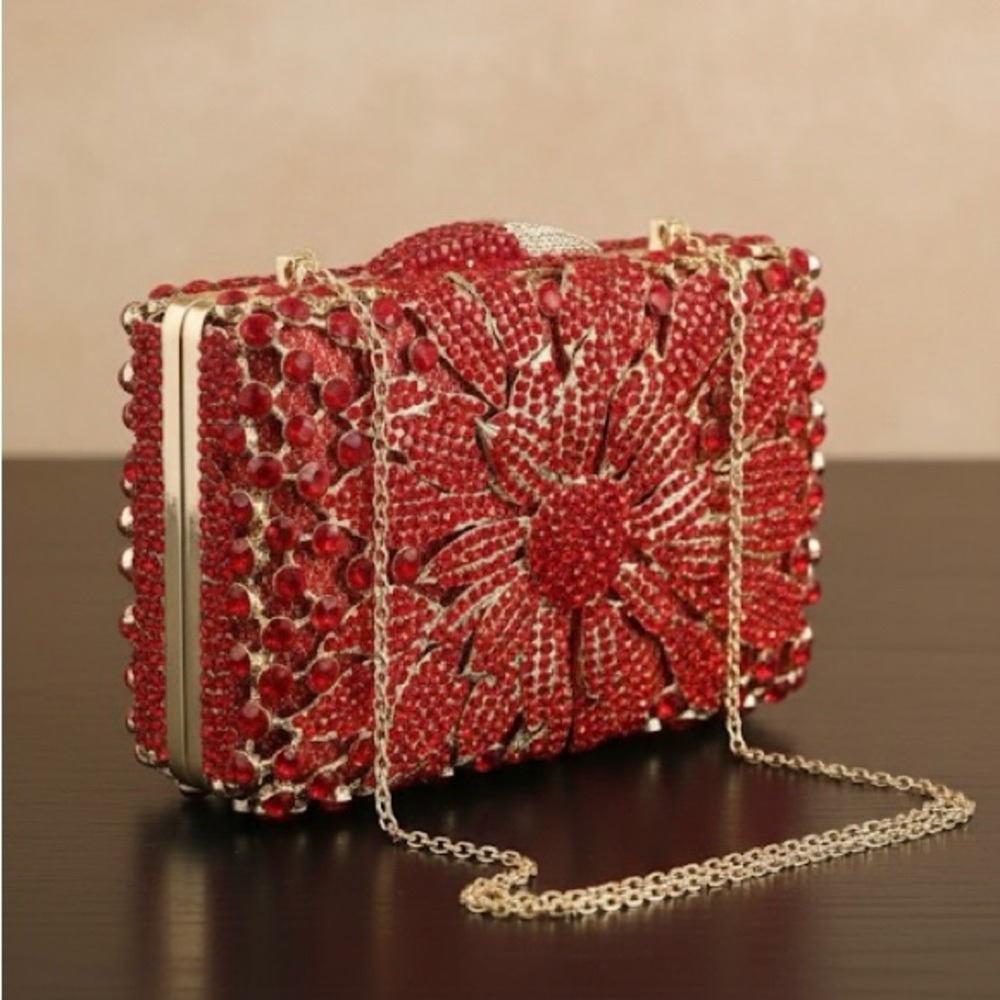 Bag prom new - wedding clutch prom flower bridal red gold bling